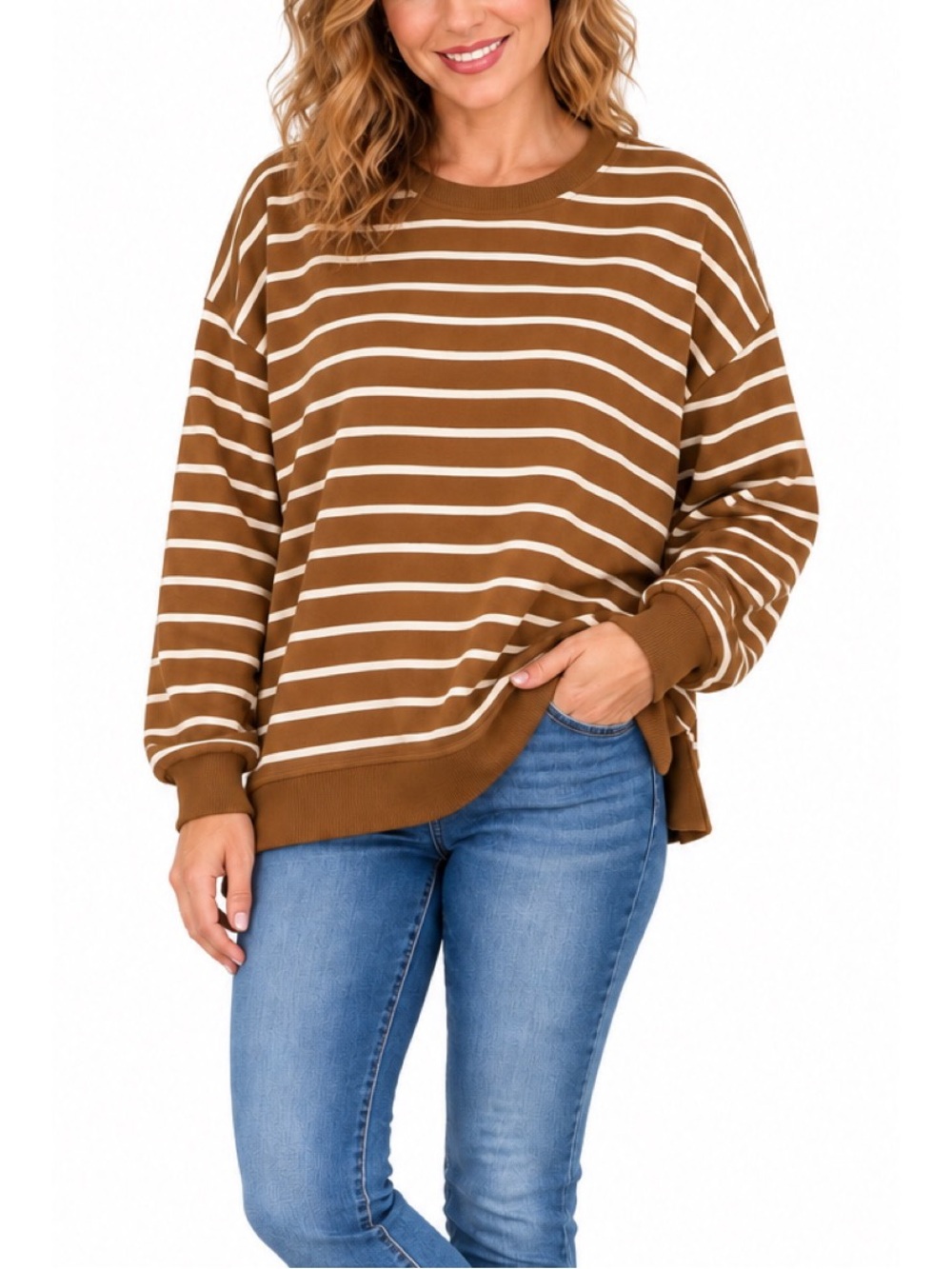 Orvis striped crewneck sweatshirt in a brown and white colorway, size XL
